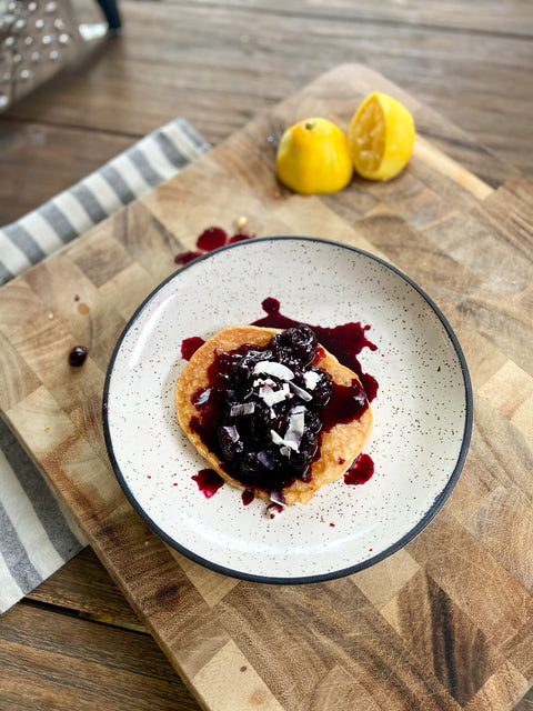 Lemon Pancakes with cherry blueberry sauce