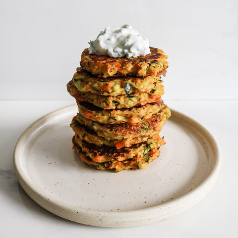 Zucchini + Yam Fritters with Garlic Herbed Yogurt