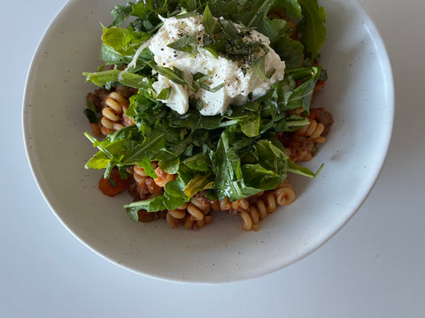 Fusilli Bolognese with Burrata and Arugula