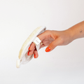 Hand holding a white exfoliating pad with a sponge on a white background