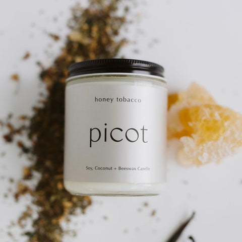 picot honey tobacco Fragrance Roller Collective and made in Canada. Honey Tobacco Candle Picot